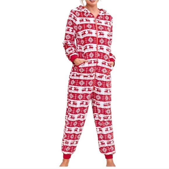 Reindeer Adult Onesie Furry Holiday Hooded Union Suit 1pc Pajama Sleepwear PJs - Picture 2 of 12